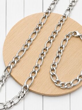 Men's Silver Link Chain Necklace and Bracelet Set
